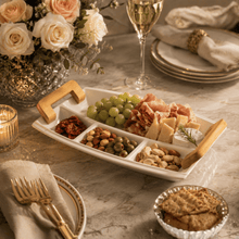 Load image into Gallery viewer, White Porcelain Appetiser Serving Dish with Wooden Handles – 37 × 22 cm