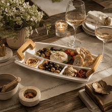 Load image into Gallery viewer, White Porcelain Appetiser Serving Dish with Wooden Handles – 37 × 22 cm