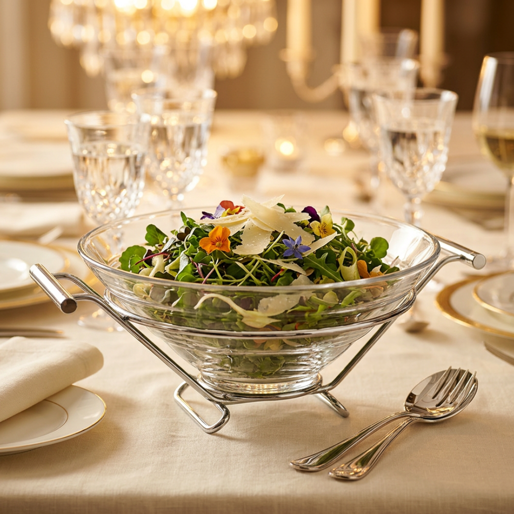 Glass Salad Bowl with Stainless Steel Stand 34x28x14cm | House Art