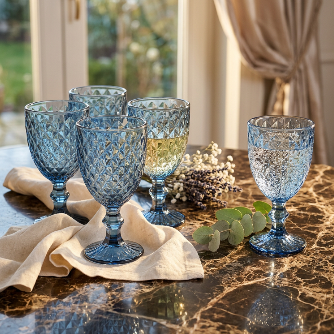 Set of 6 Blue Textured Goblet Glasses – 345 ml | House Art