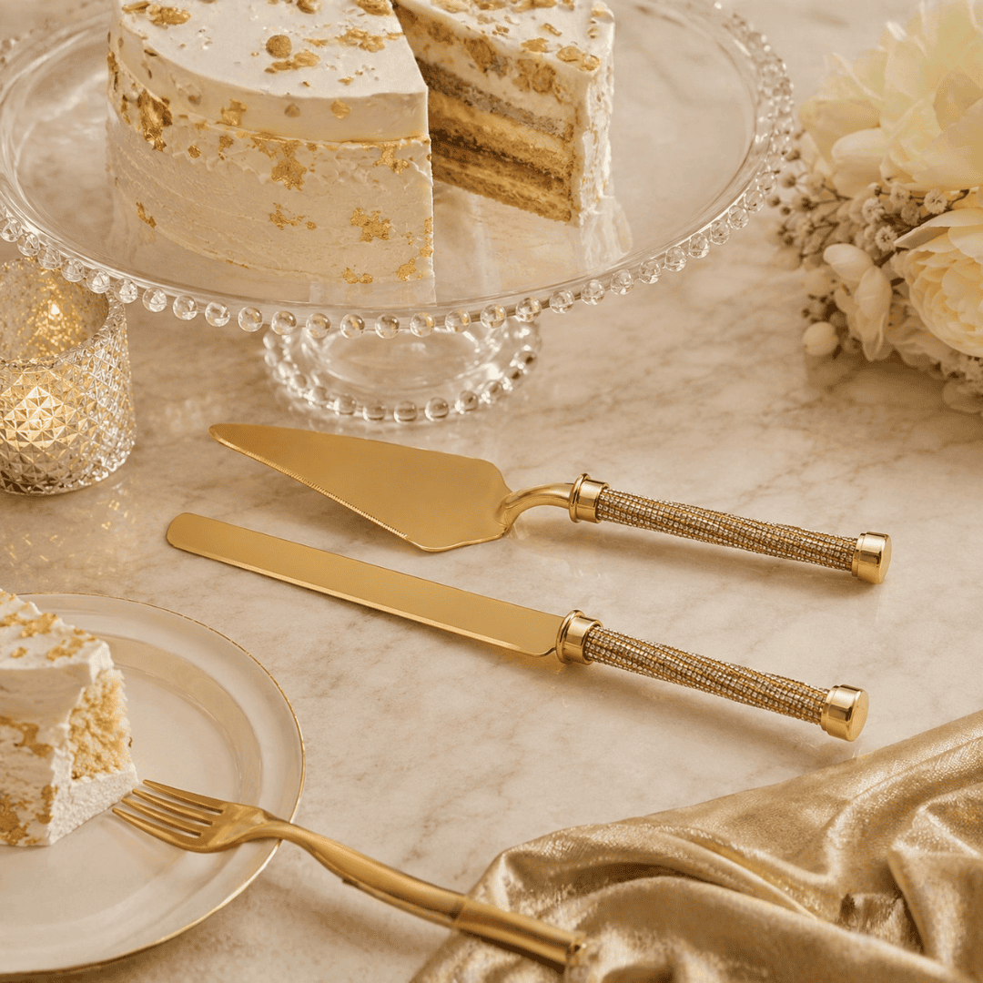 Golden Shimmer Handle Cake Serving Set – 2 Piece, 32 cm