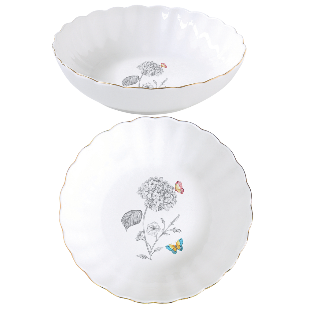 Two white ceramic bowls with scalloped edges, featuring a delicate botanical print of a hydrangea with a butterfly and a thin gold rim, shown against a plain white background.