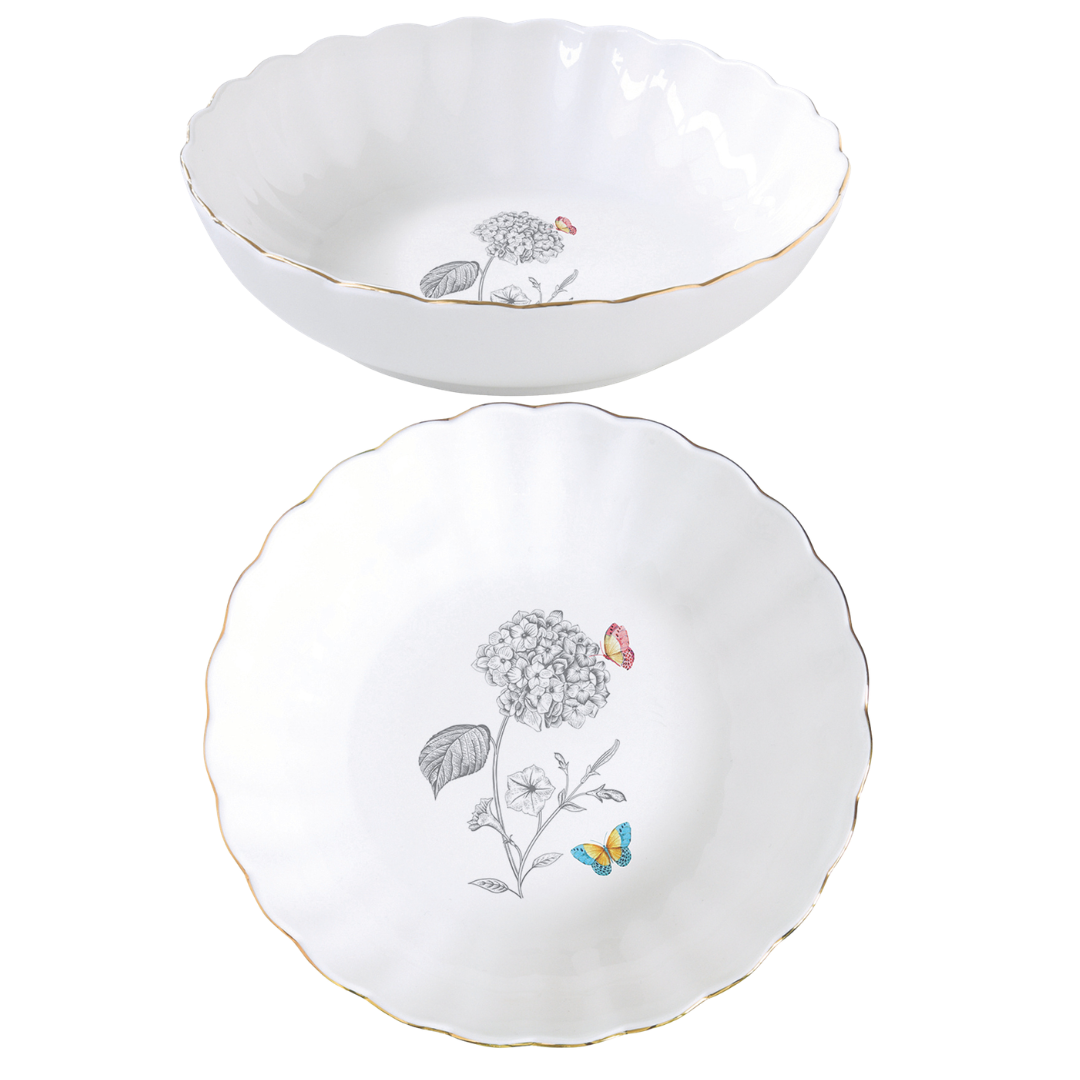 Two white ceramic bowls with scalloped edges, featuring a delicate botanical print of a hydrangea with a butterfly and a thin gold rim, shown against a plain white background.