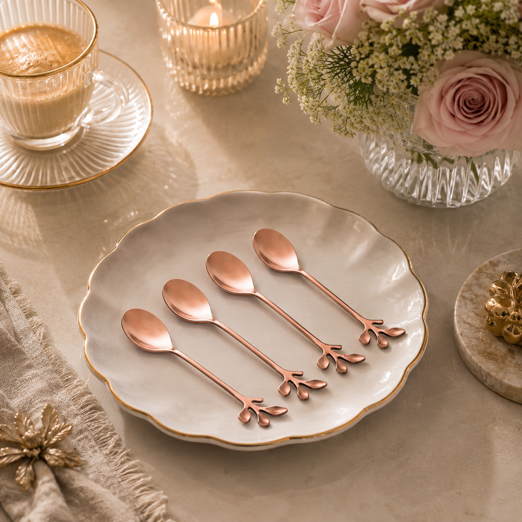 Set of 4 Rose Gold Leaves Coffee & Dessert Spoons – 12 cm | House Art