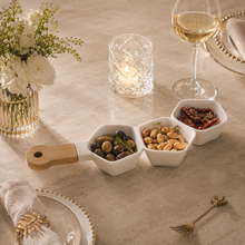 Load image into Gallery viewer, White Porcelain 3-Bowl Appetiser Server with Wooden Handle – 36 cm
