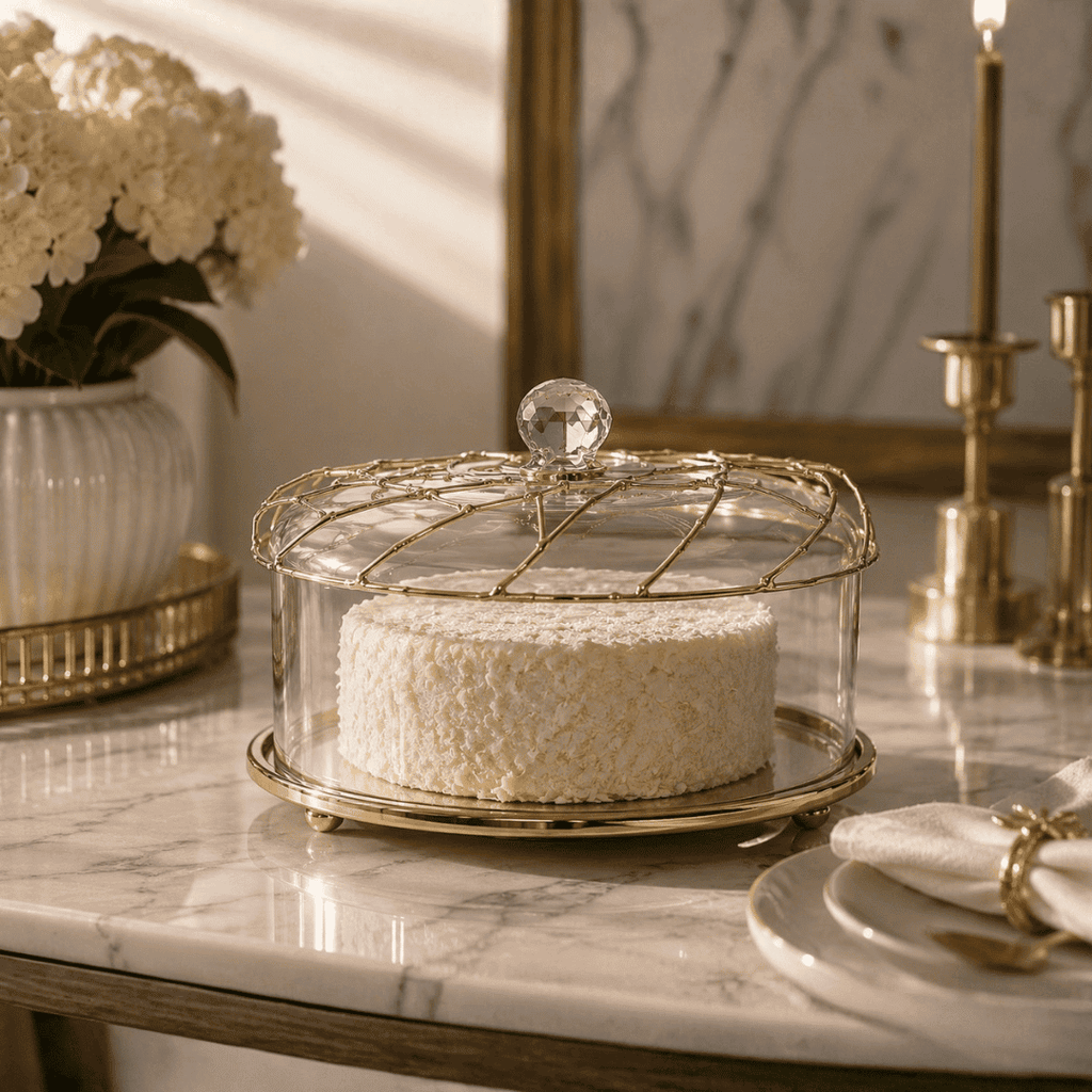 Gold Mesh Dome Cake Stand with Glass Cover – 28.57 × 19.68cm | House Art