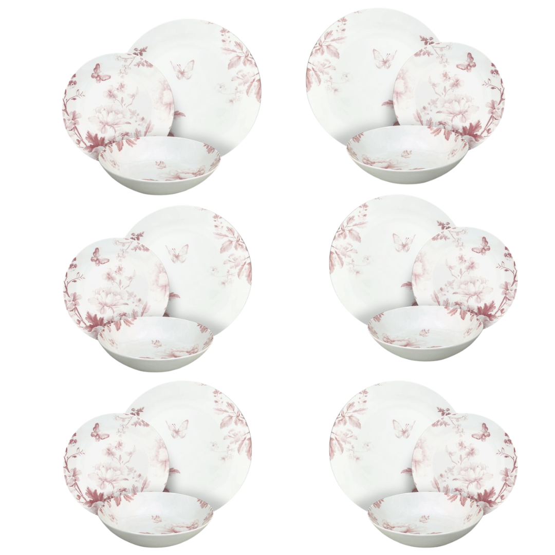 Moon Vie En Rose 18-Piece Pink Floral Porcelain Dinner Set for 6 | Elegant Romantic Tableware.