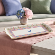 Charger l'image dans la galerie, A rectangular ceramic serving platter with a floral and butterfly border, 
