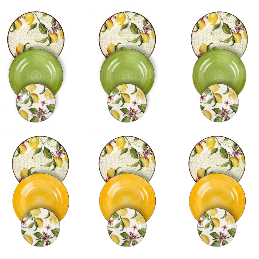 VELA ZAGARA 18-Piece Mediterranean Lemon Porcelain Stoneware Dinner Set for 6.