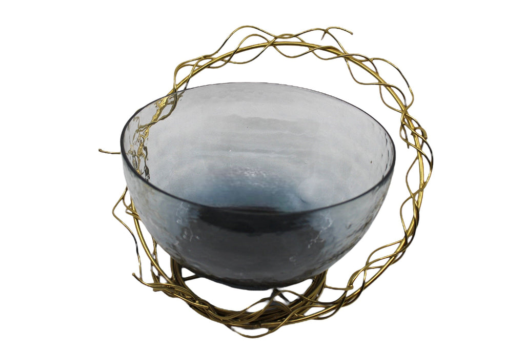 Glass Big Bowl With Iron Wire Stand.
