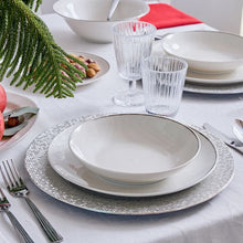 Lade das Bild in den Galerie-Viewer, Metropolis 18-Piece White Porcelain Dinner Set with Platinum Rim | Luxury Dinnerware for 6.
