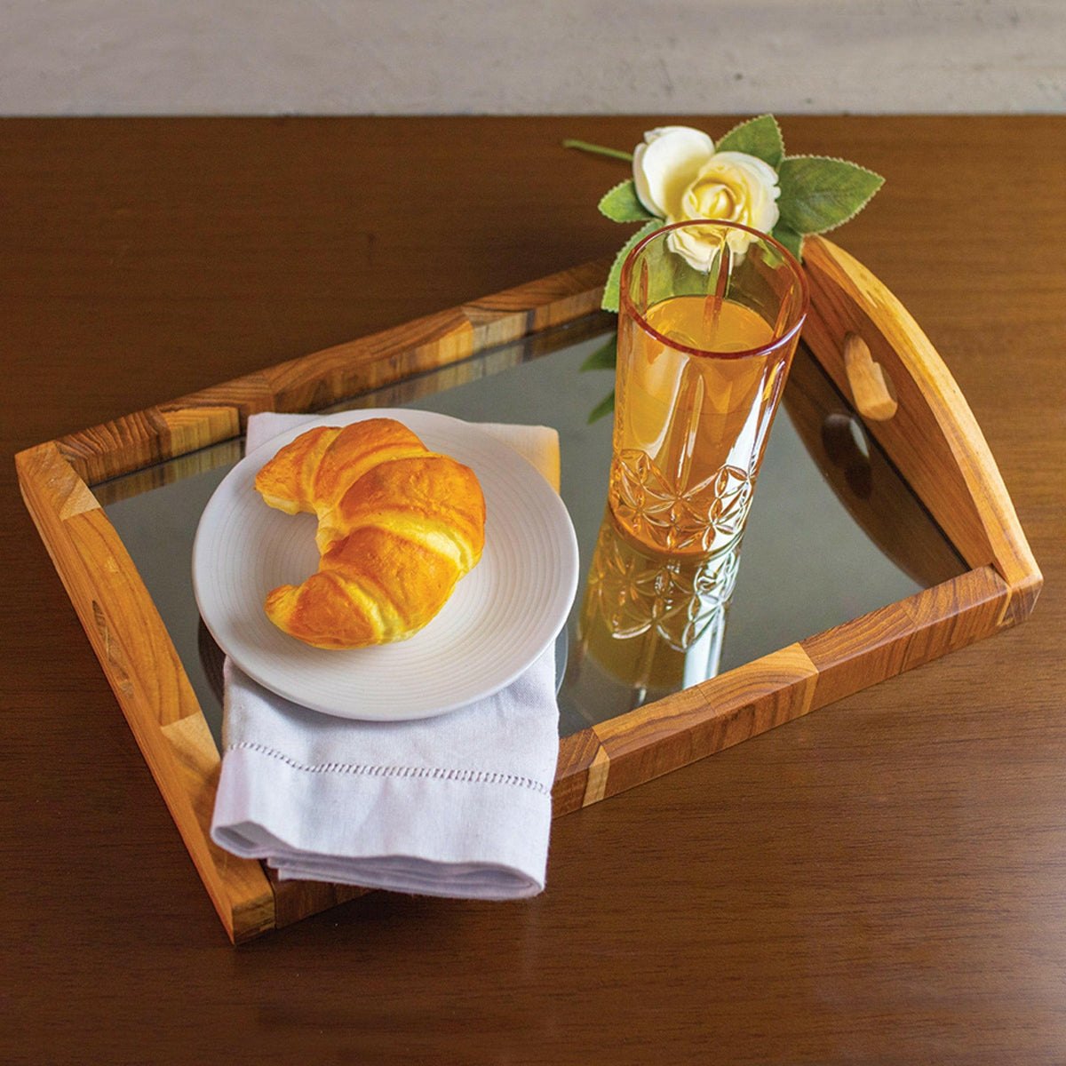 Teak Wood Mirrored Tray 36x23x7cm.