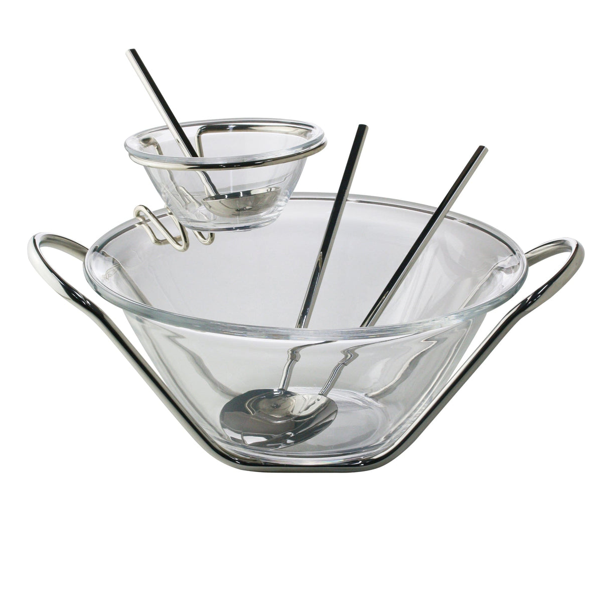 Silver Plated Crystal Salad Bowl Paired with a Sauce Cup and Serving Sets.